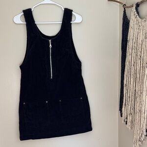 Black Vintage Corduroy Dress with Front Zipper and Pockets